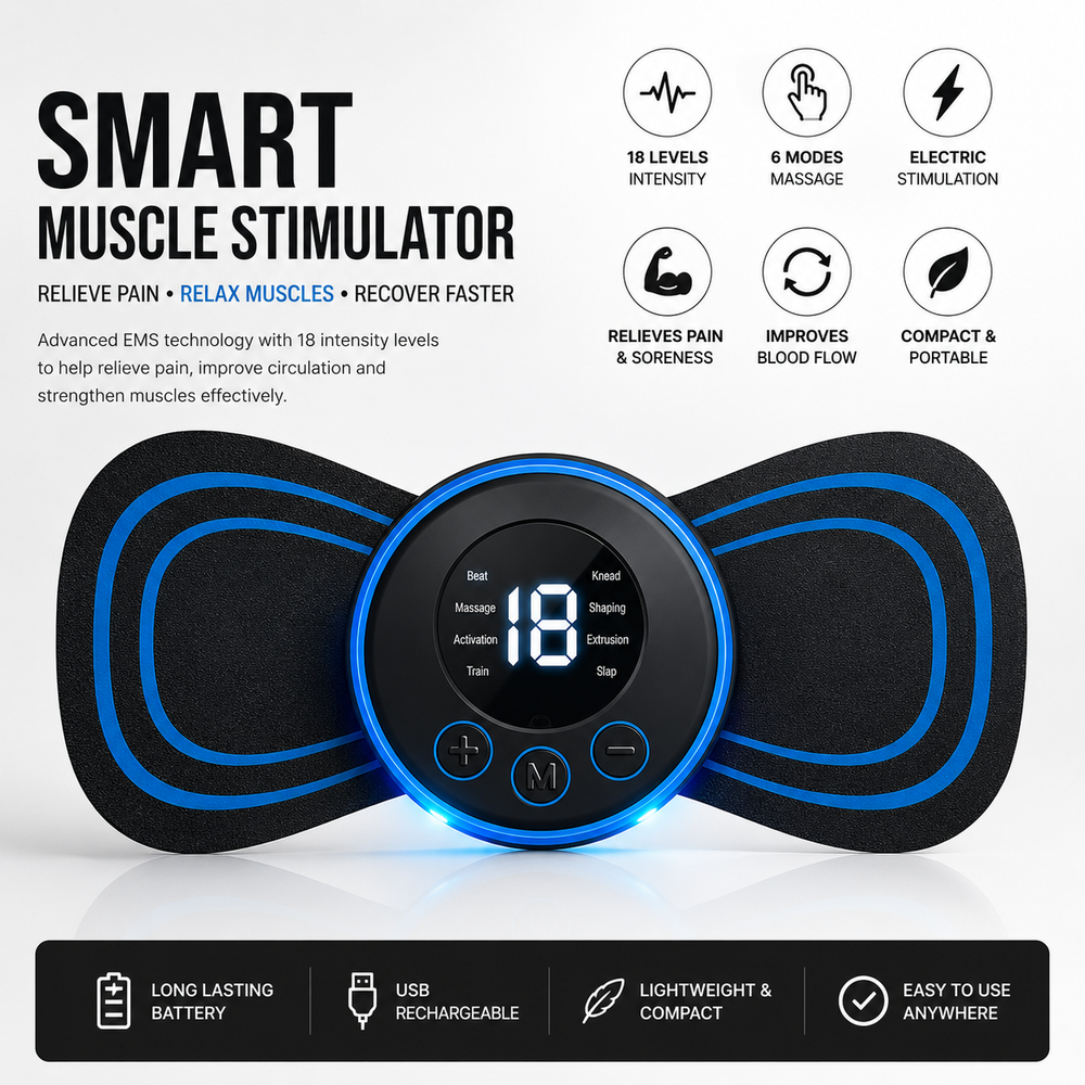 Smart Electric Muscle Stimulator & Neck Massager – 18 Levels, 6 Massage Modes, USB Rechargeable Pain Relief Device