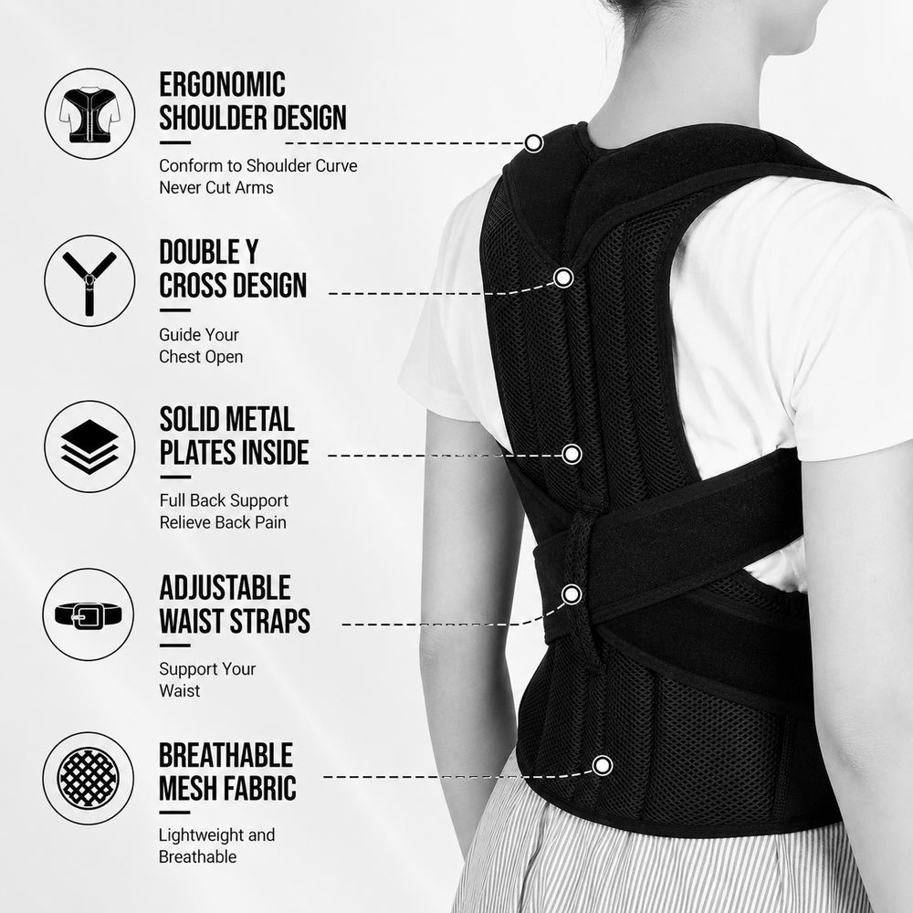 Adjustable Posture Corrector Back Support Belt – Breathable Mesh Shoulder & Spine Support Brace