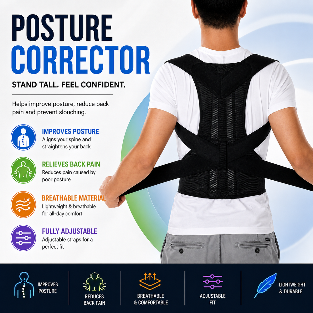 Adjustable Posture Corrector Back Support Belt – Breathable Mesh Shoulder & Spine Support Brace